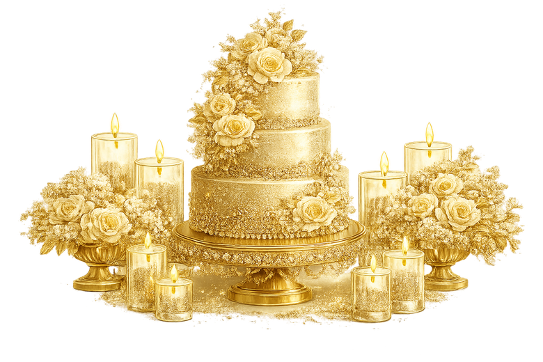 A golden tiered wedding cake with candles and roses