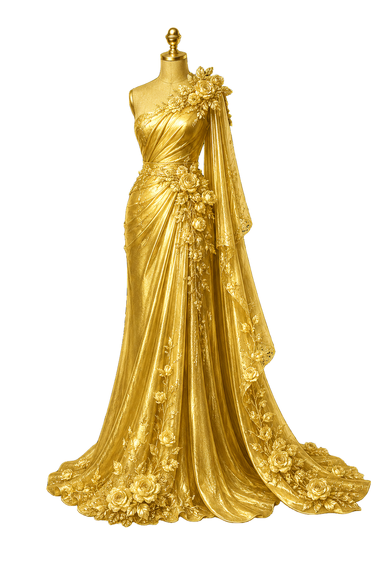 A golden bridal gown on a dress form
