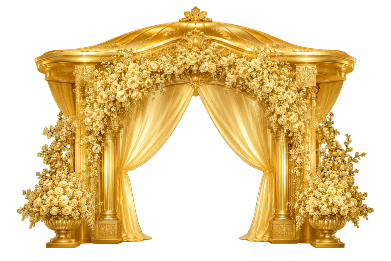 A golden floral wedding archway